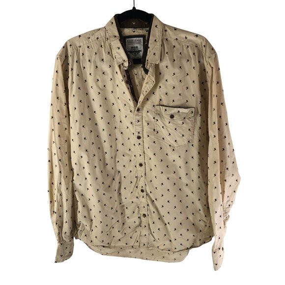 Killer Jeans Mens Button Down Shirt Bird Print Cotton Beige L - Picture 1 of 5